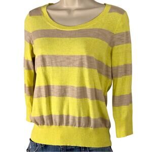 Ann Taylor Yellow Tan Stripe Sweater Scoop Neckline Light Weight 3/4 Sleeves